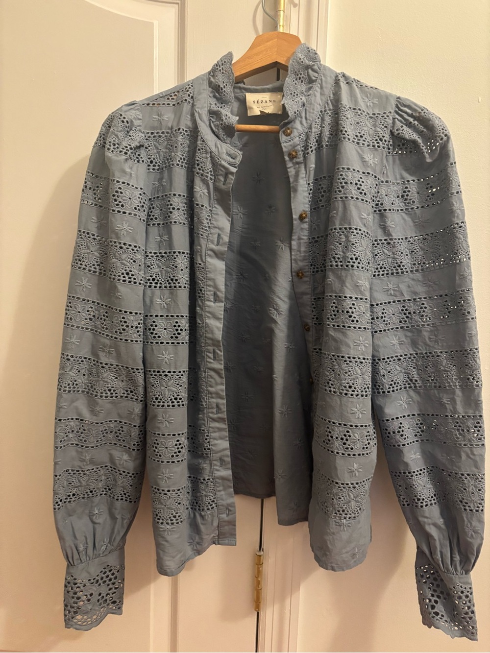 Sezane Powder Blue Eyelet Cotton Blouse Jacket